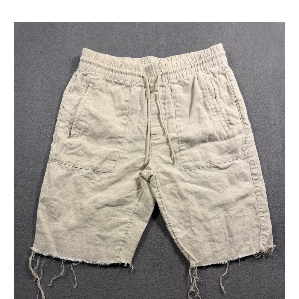 Athleta Oatmeal Beige Linen Blend Elastic Drawstring Raw Fray Hem Shorts Small